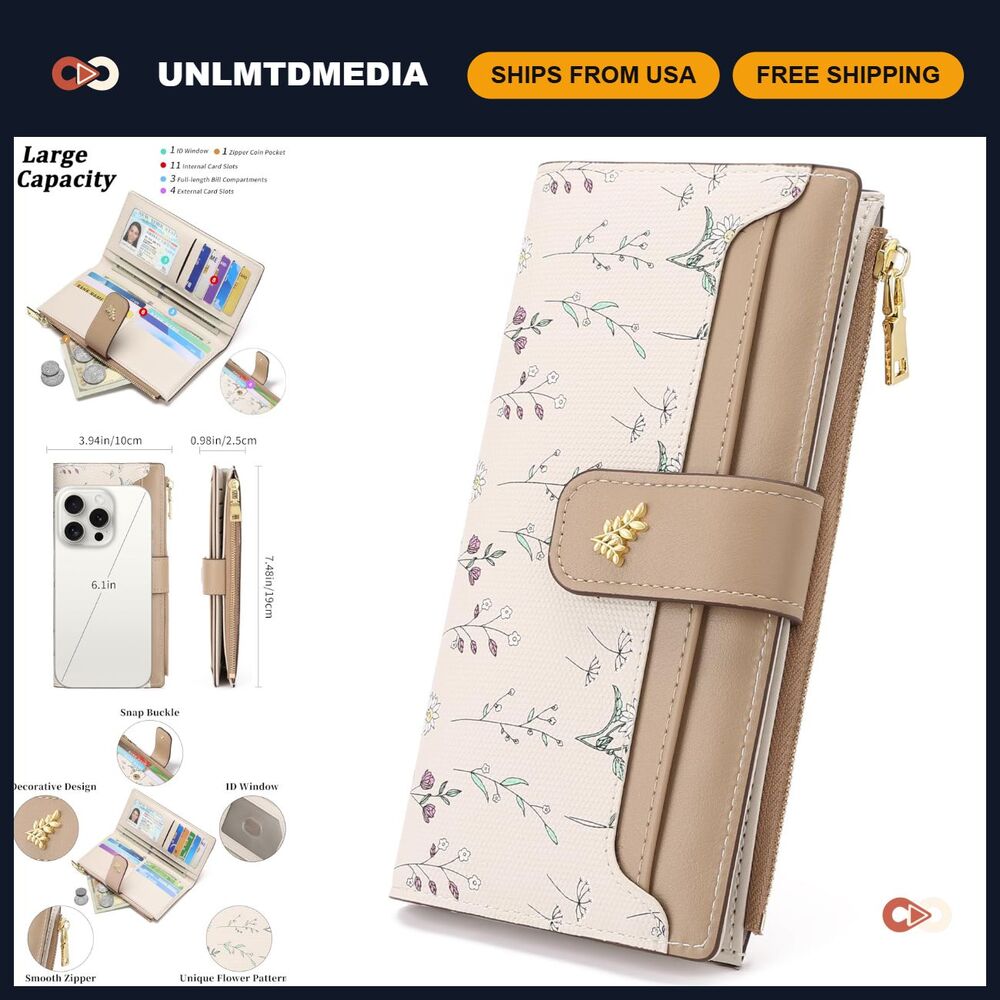 Slim RFID Blocking Floral Vegan Leather Wallet - Bifold Long Card Holder with Zi